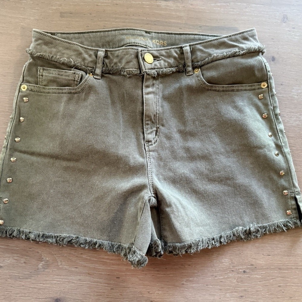 Michael Kors Olive Green Studded Frayed Hem Denim Shorts womens size 6‎